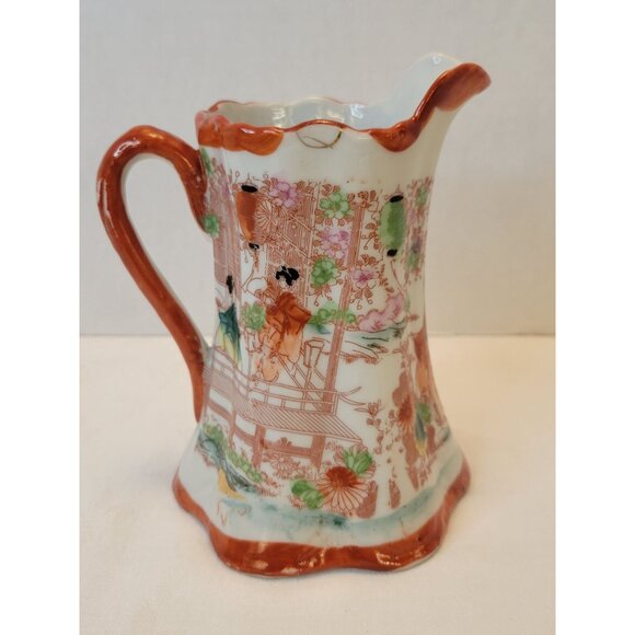 Antique Nippon Hand-Painted Porcelain Pitcher With Geisha & Floral Design 6" - Picture 2 of 9